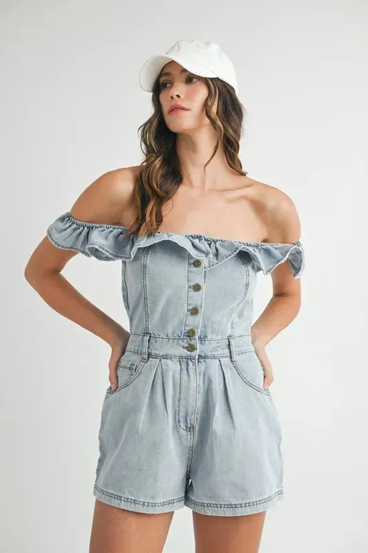 MABLE Off Shoulder Ruffle Detail Denim Romper sold by Charming Charlie