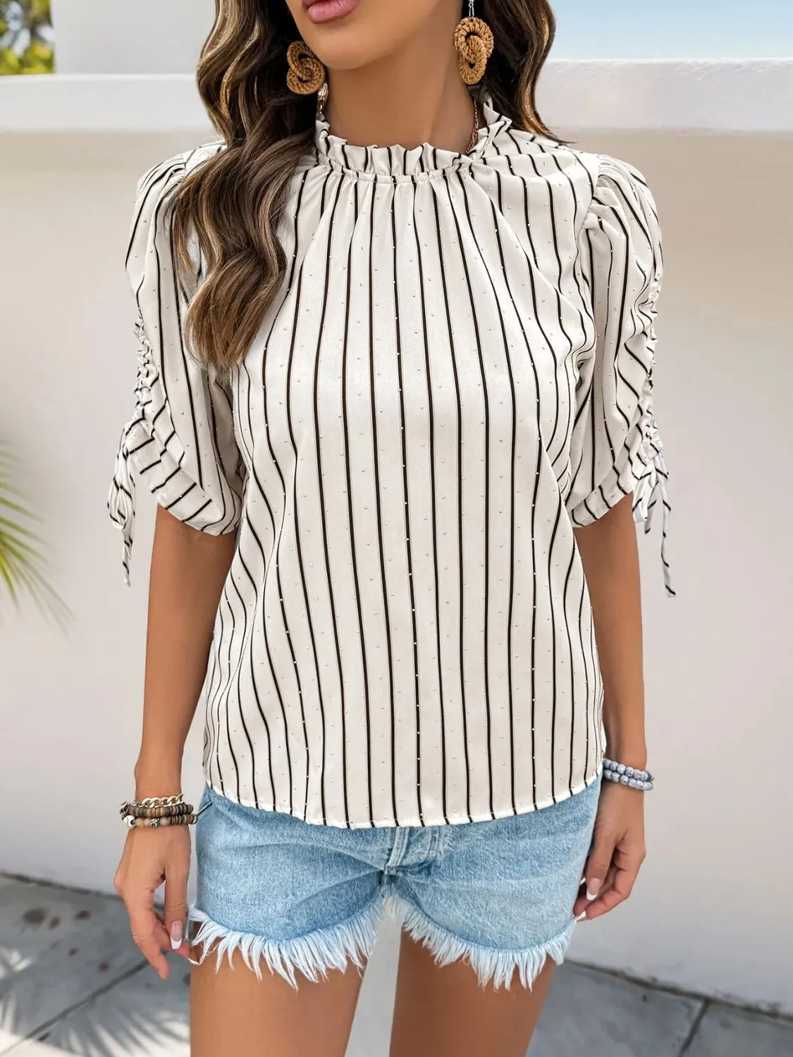 Drawstring Striped Half Sleeve Blouse sold by Charming Charlie product image thumbnail 4