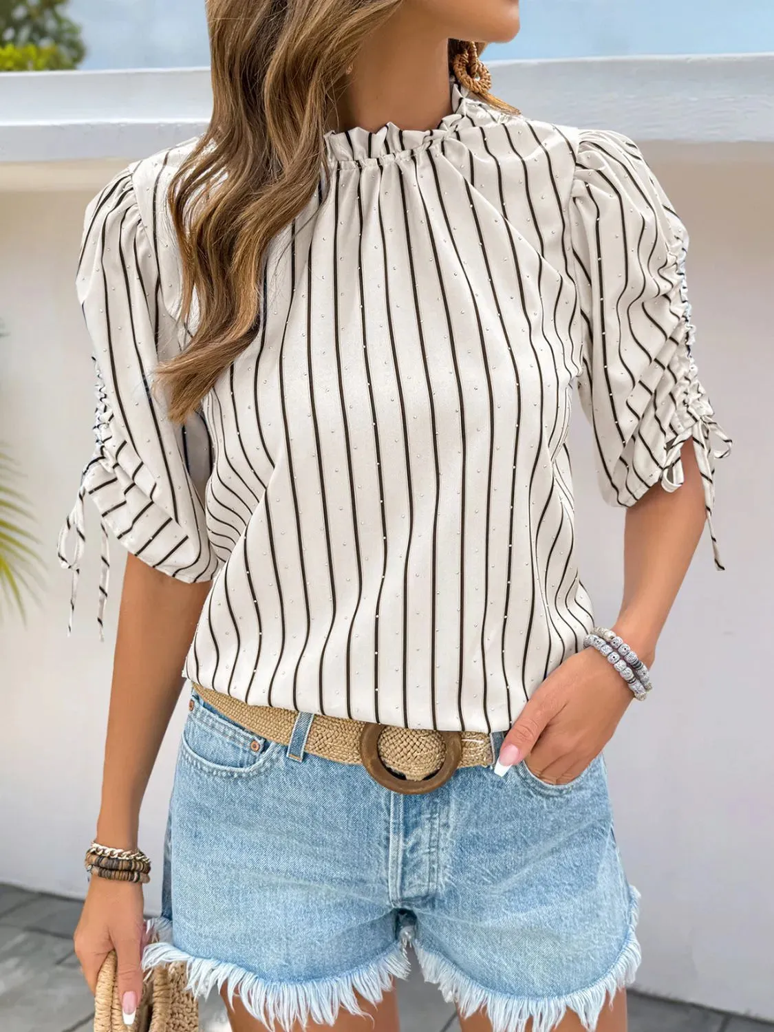 Drawstring Striped Half Sleeve Blouse sold by Charming Charlie