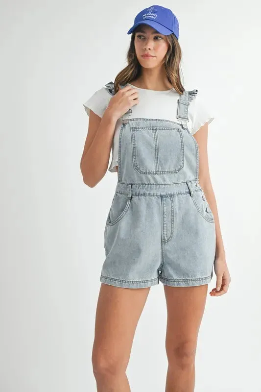 MABLE Square Neck Ruffle Shoulder Denim Overall Romper sold by Charming Charlie product image thumbnail 4
