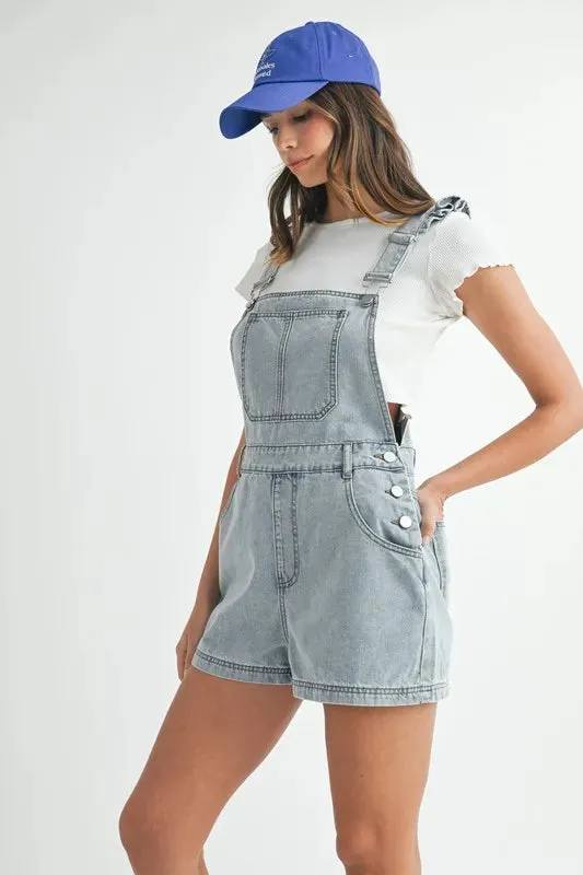 MABLE Square Neck Ruffle Shoulder Denim Overall Romper sold by Charming Charlie product image thumbnail 5