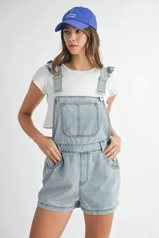 MABLE Square Neck Ruffle Shoulder Denim Overall Romper sold by Charming Charlie product image thumbnail 2