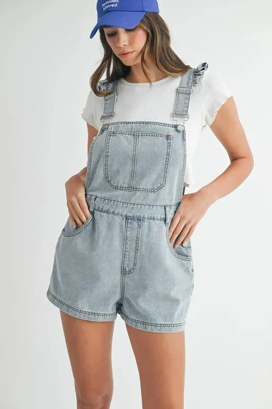 MABLE Square Neck Ruffle Shoulder Denim Overall Romper sold by Charming Charlie
