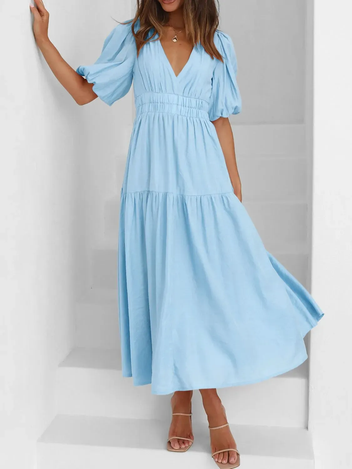 V-Neck Puff Sleeve Midi Dress sold by Charming Charlie