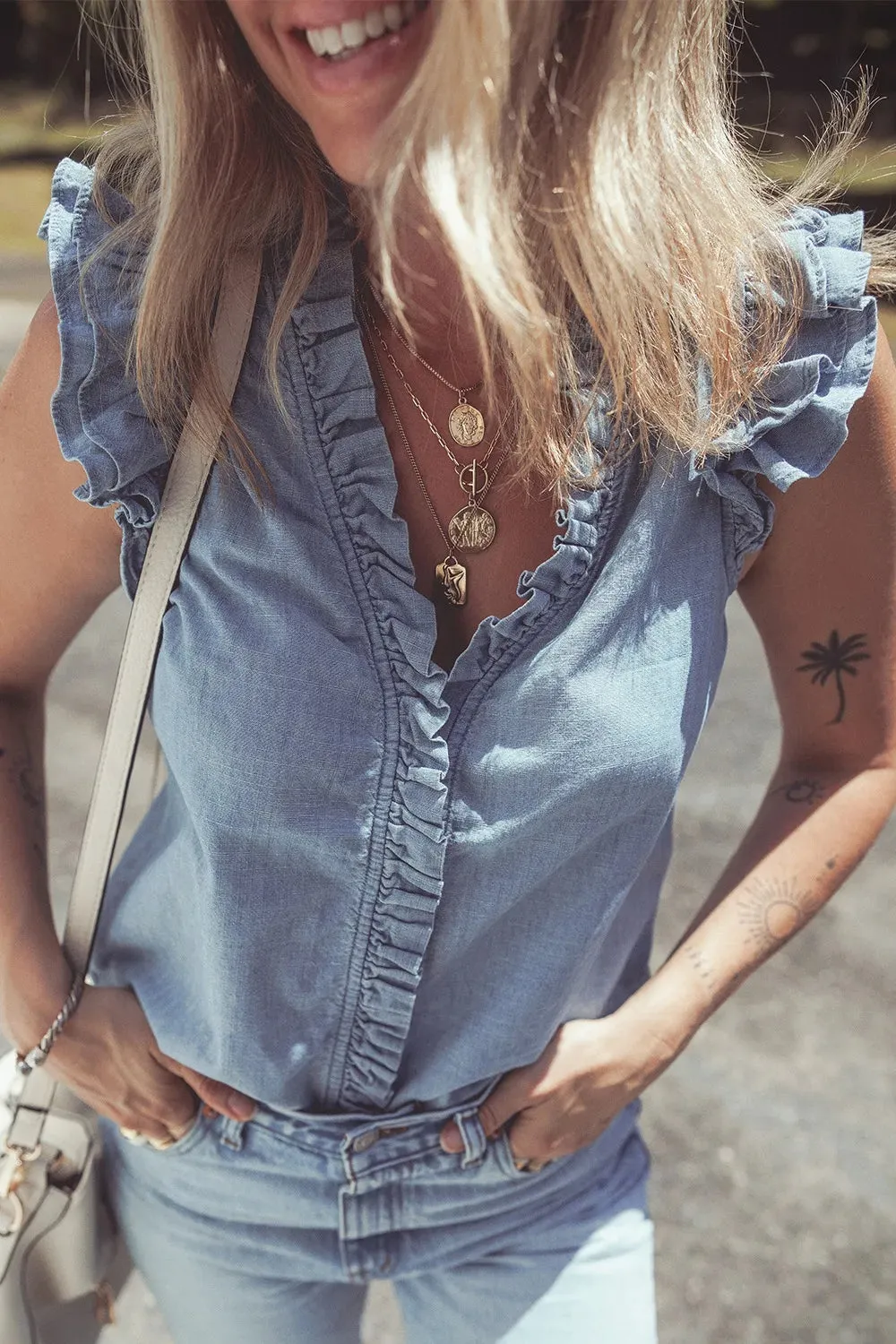 Frilly Ruffle Trim V Neck Chambray Tank sold by Charming Charlie product image thumbnail 5