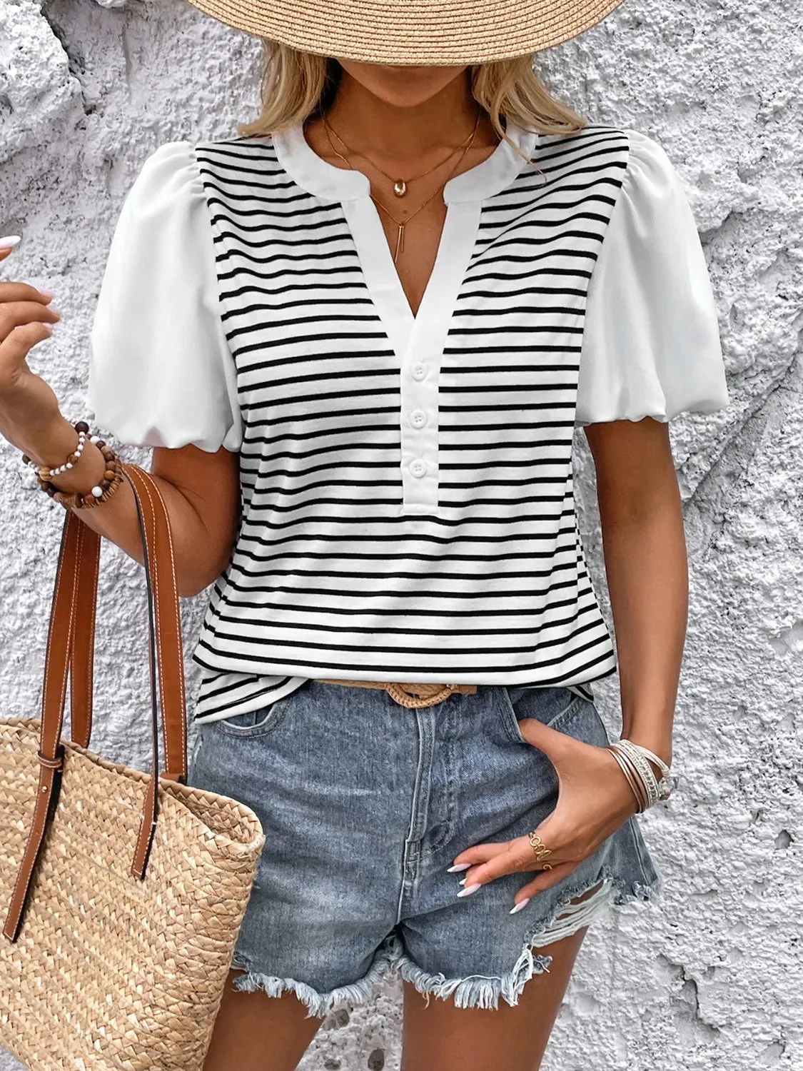Striped Notched Short Sleeve T-Shirt sold by Charming Charlie product image thumbnail 4