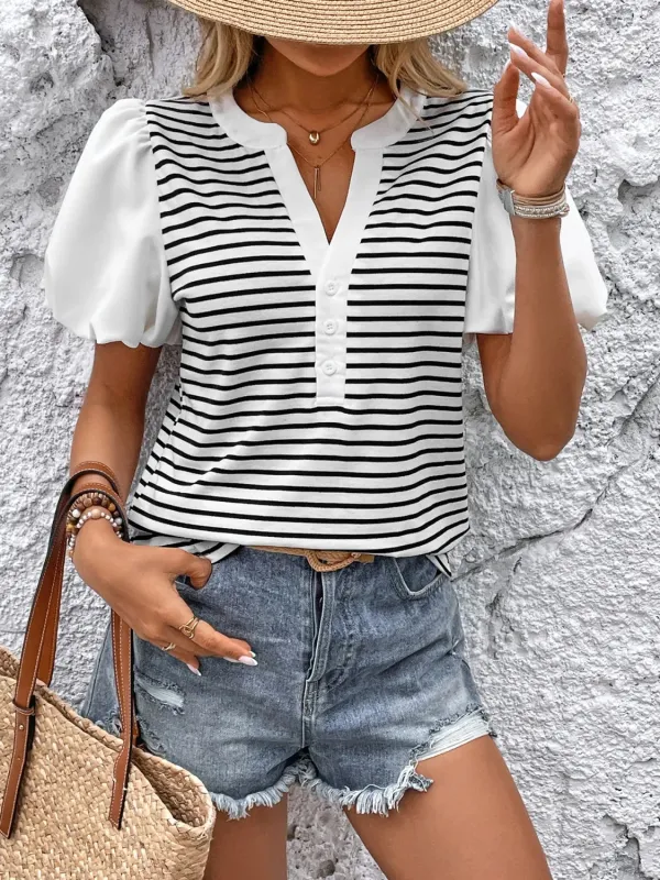 Striped Notched Short Sleeve T-Shirt sold by Charming Charlie