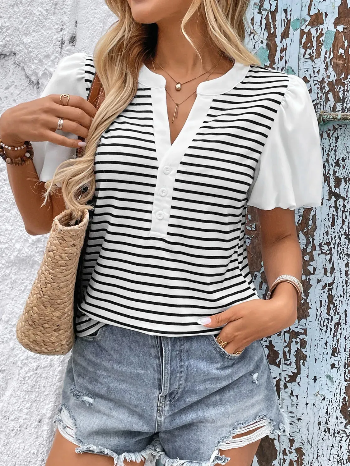 Striped Notched Short Sleeve T-Shirt sold by Charming Charlie product image thumbnail 2