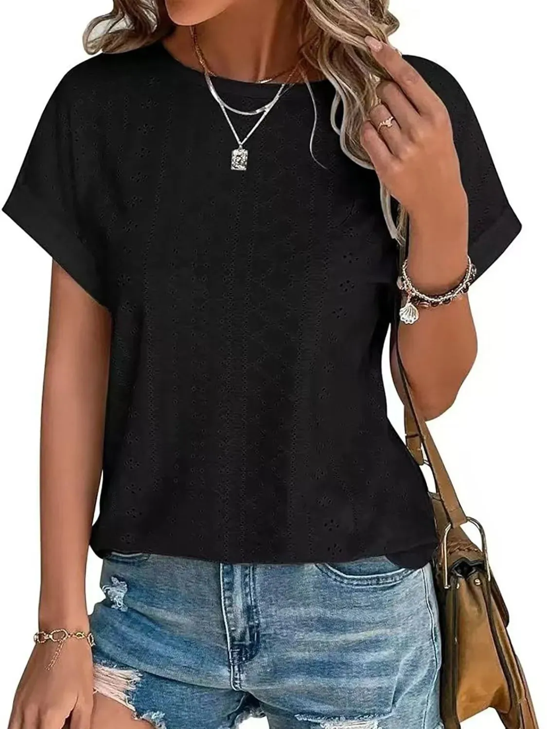 Eyelet Round Neck Short Sleeve T-Shirt sold by Charming Charlie