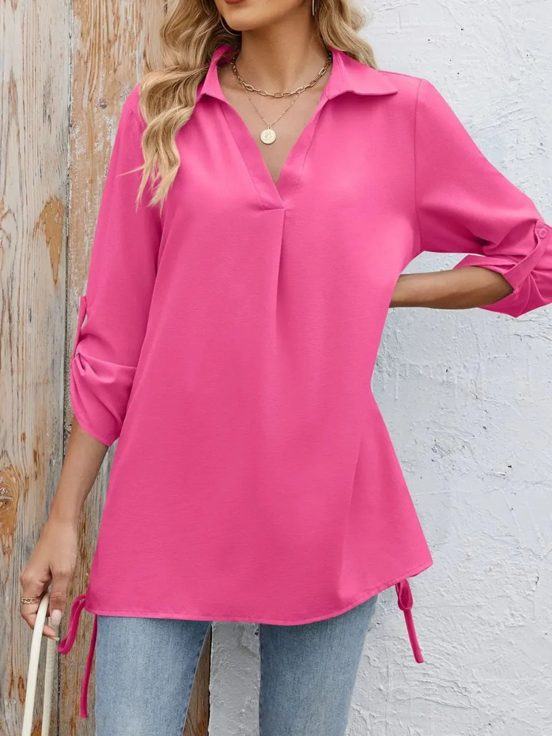 Drawstring Johnny Collared Three-Quarter Sleeve Top sold by Charming Charlie product image thumbnail 3