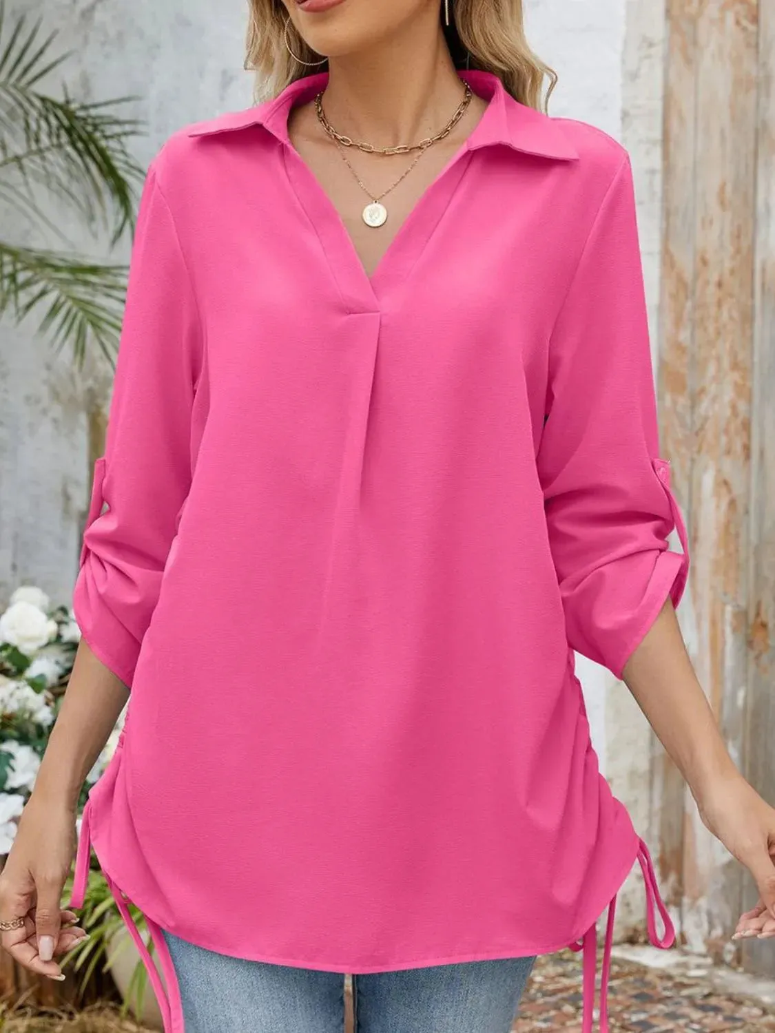 Drawstring Johnny Collared Three-Quarter Sleeve Top sold by Charming Charlie product image thumbnail 4