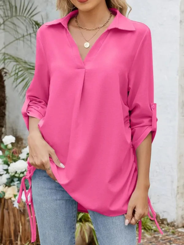 Drawstring Johnny Collared Three-Quarter Sleeve Top sold by Charming Charlie