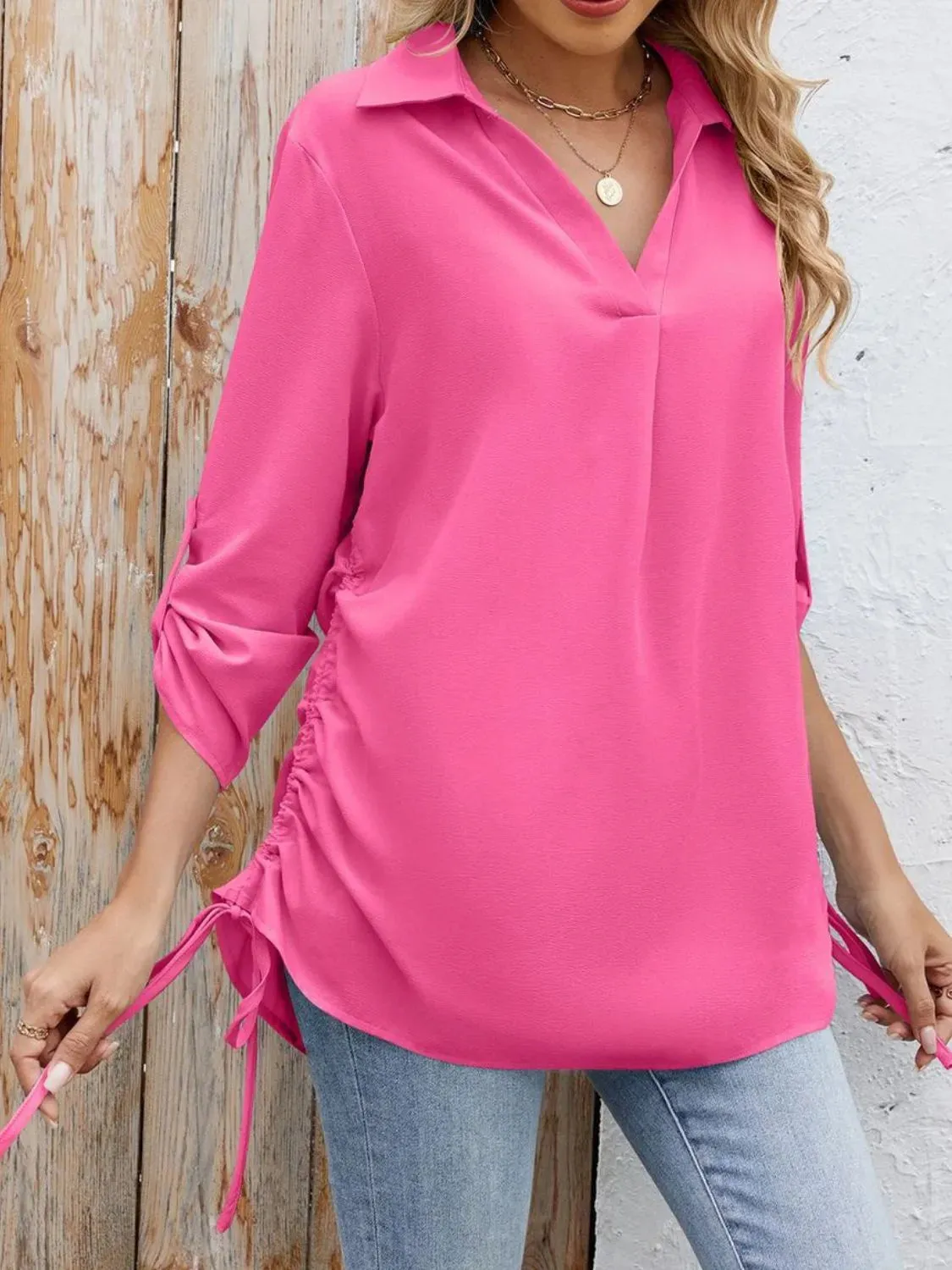 Drawstring Johnny Collared Three-Quarter Sleeve Top sold by Charming Charlie product image thumbnail 5