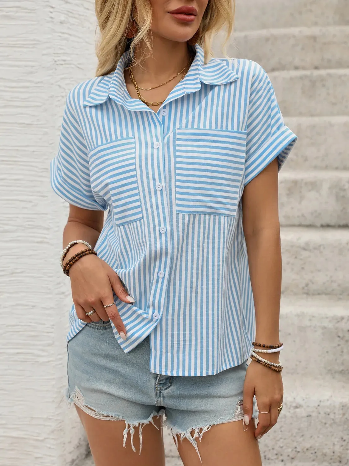Striped Collared Neck Short Sleeve Shirt sold by Charming Charlie product image thumbnail 2
