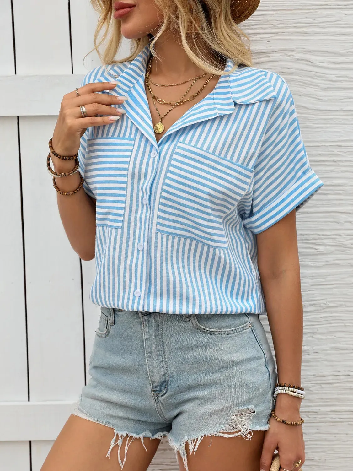 Striped Collared Neck Short Sleeve Shirt sold by Charming Charlie product image thumbnail 5