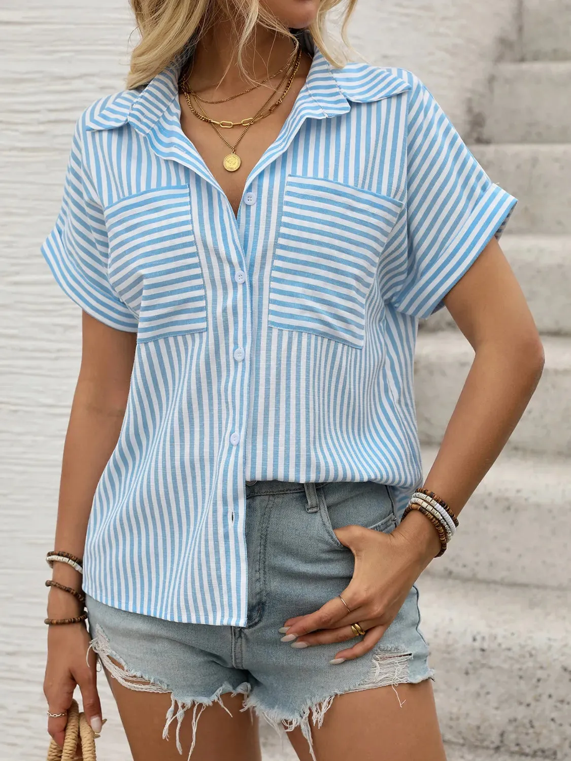 Striped Collared Neck Short Sleeve Shirt sold by Charming Charlie