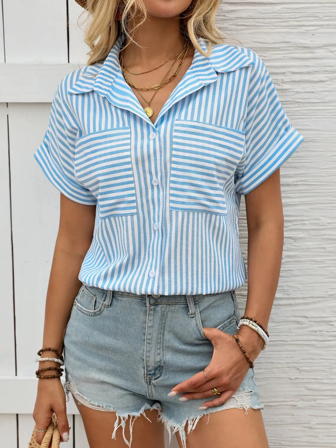 Striped Collared Neck Short Sleeve Shirt sold by Charming Charlie product image thumbnail 4