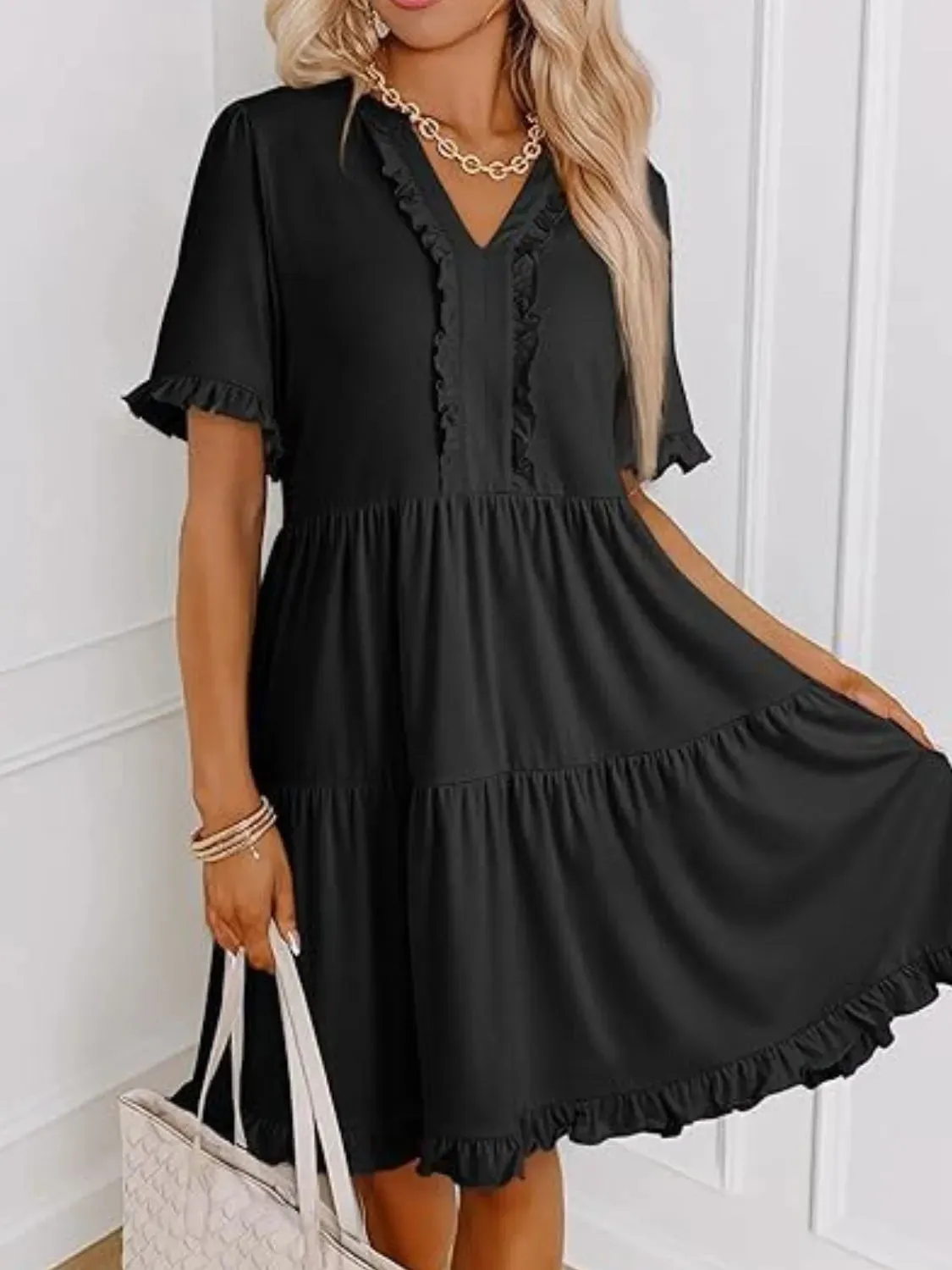 Tiered Notched Short Sleeve Mini Dress sold by Charming Charlie product image thumbnail 5