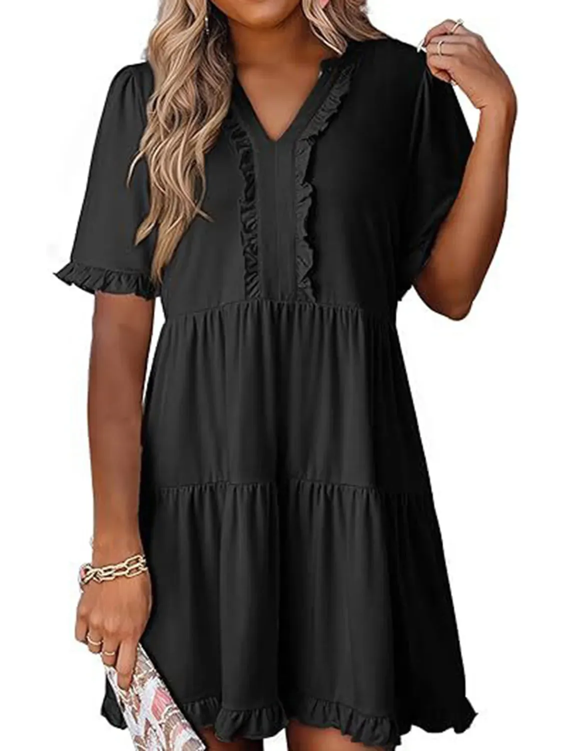 Tiered Notched Short Sleeve Mini Dress sold by Charming Charlie product image thumbnail 4