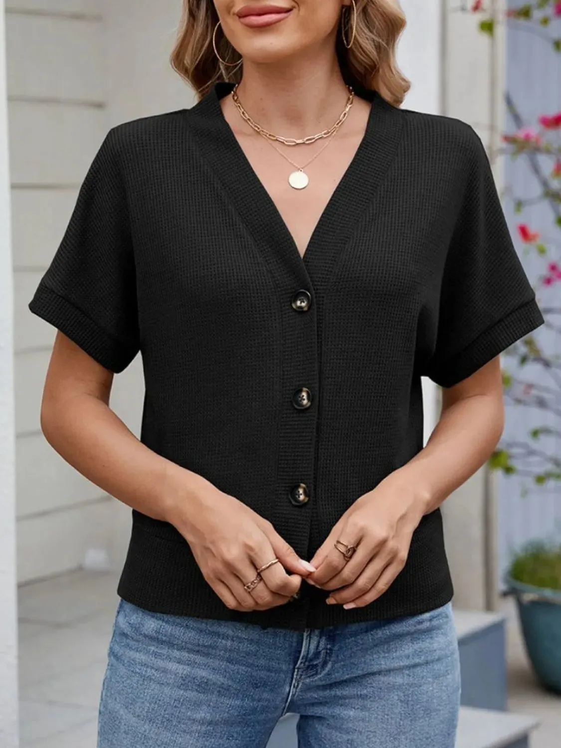 Waffle Knit Button Down Short Sleeve Top sold by Charming Charlie product image thumbnail 4