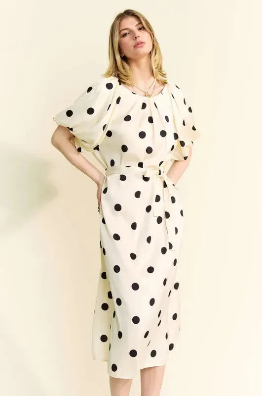 Davi & Dani Polka Dot Puff Sleeves Waist Tie Midi Dress sold by Charming Charlie product image thumbnail 3
