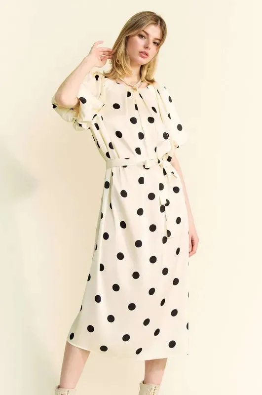 Davi & Dani Polka Dot Puff Sleeves Waist Tie Midi Dress sold by Charming Charlie
