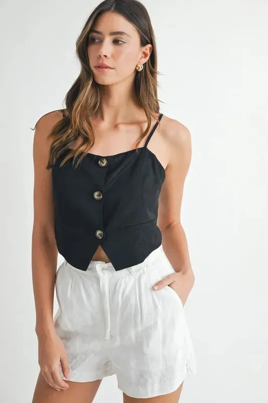 MABLE Linen Mix Button Down Tank Top sold by Charming Charlie