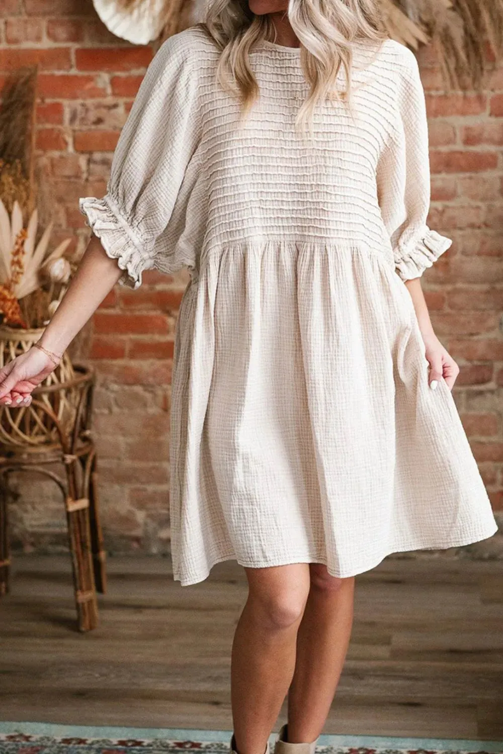 Textured Ruffled Puff Sleeve Loose Dress sold by Charming Charlie product image thumbnail 3