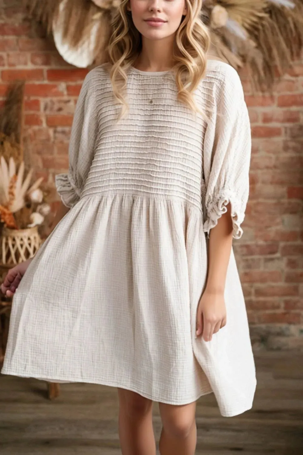 Textured Ruffled Puff Sleeve Loose Dress sold by Charming Charlie