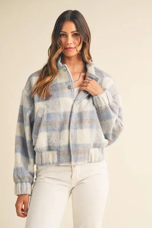 MABLE Plaid Print Fuzzy Bomber Jacket sold by Charming Charlie