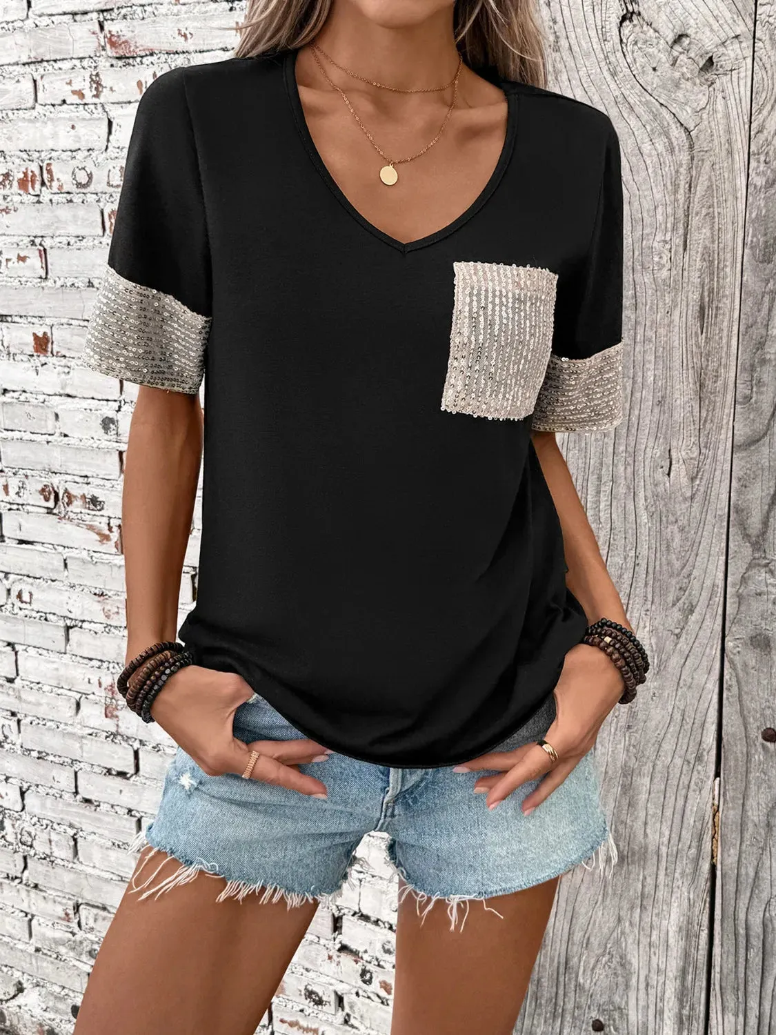 Sequin V-Neck Short Sleeve T-Shirt sold by Charming Charlie product image thumbnail 2