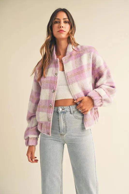 MABLE Plaid Print Fuzzy Bomber Jacket sold by Charming Charlie
