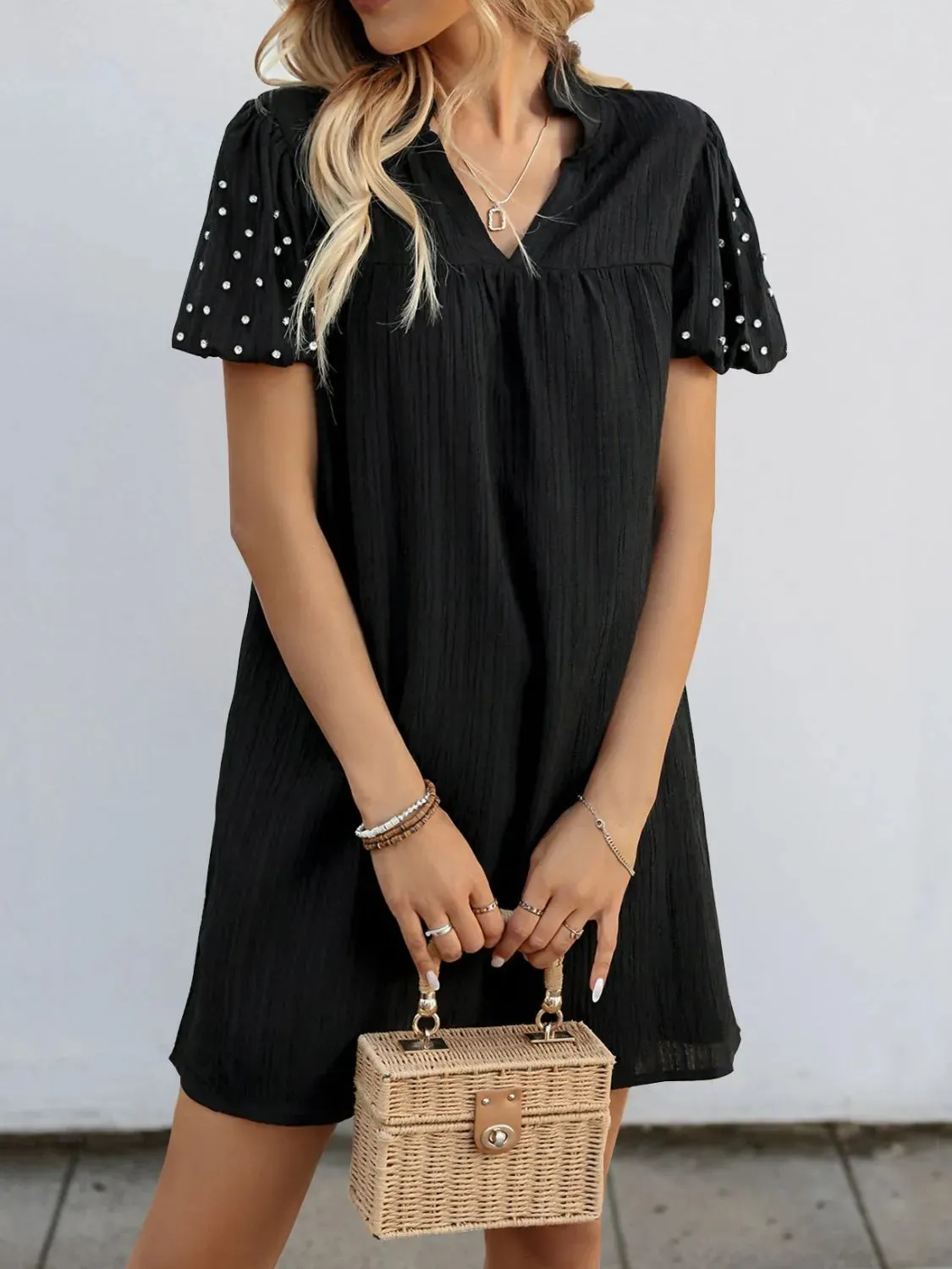 Textured V-Neck Short Sleeve Mini Dress sold by Charming Charlie product image thumbnail 3
