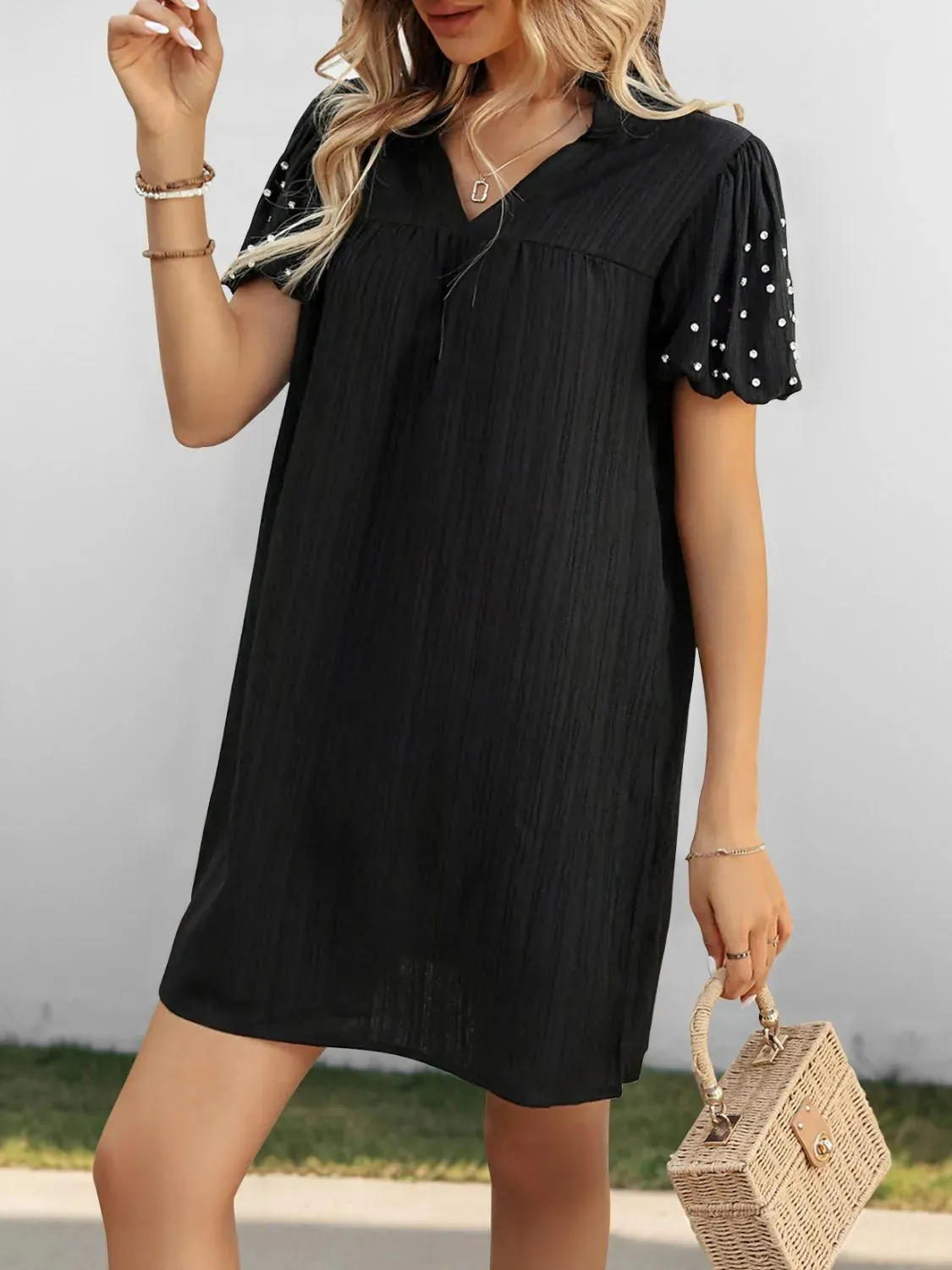 Textured V-Neck Short Sleeve Mini Dress sold by Charming Charlie product image thumbnail 4