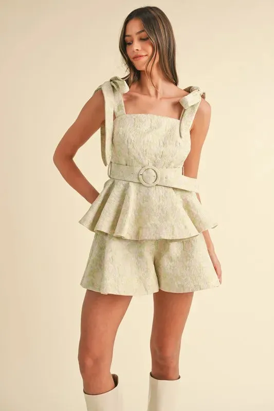 MABLE Jacquard Floral Peplum Top and Flare Shorts Set sold by Charming Charlie