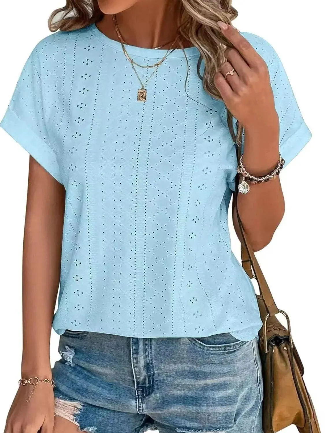 Eyelet Round Neck Short Sleeve Top sold by Charming Charlie product image thumbnail 4