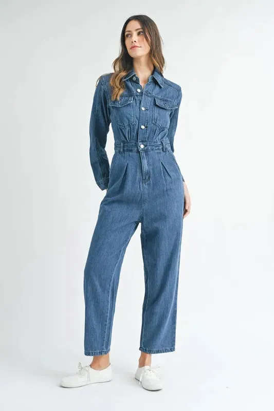 MABLE Cinched Waist Straight Leg Denim Jumpsuit sold by Charming Charlie