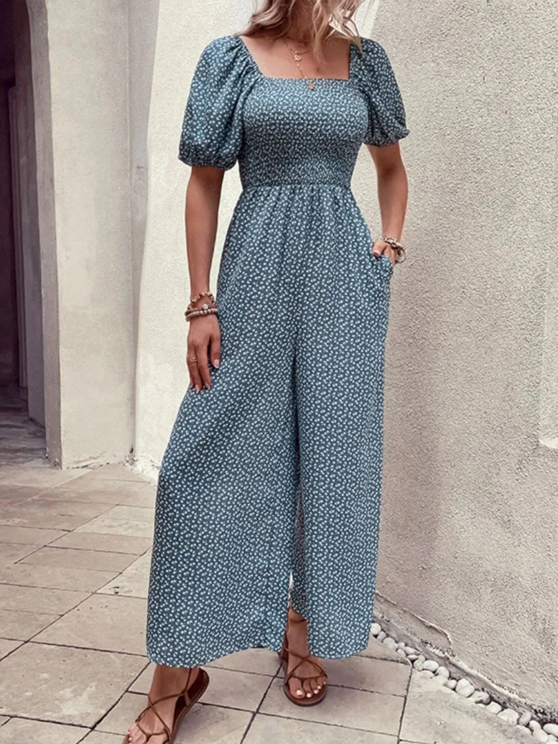 Printed Square Neck Puff Sleeve Jumpsuit sold by Charming Charlie product image thumbnail 4
