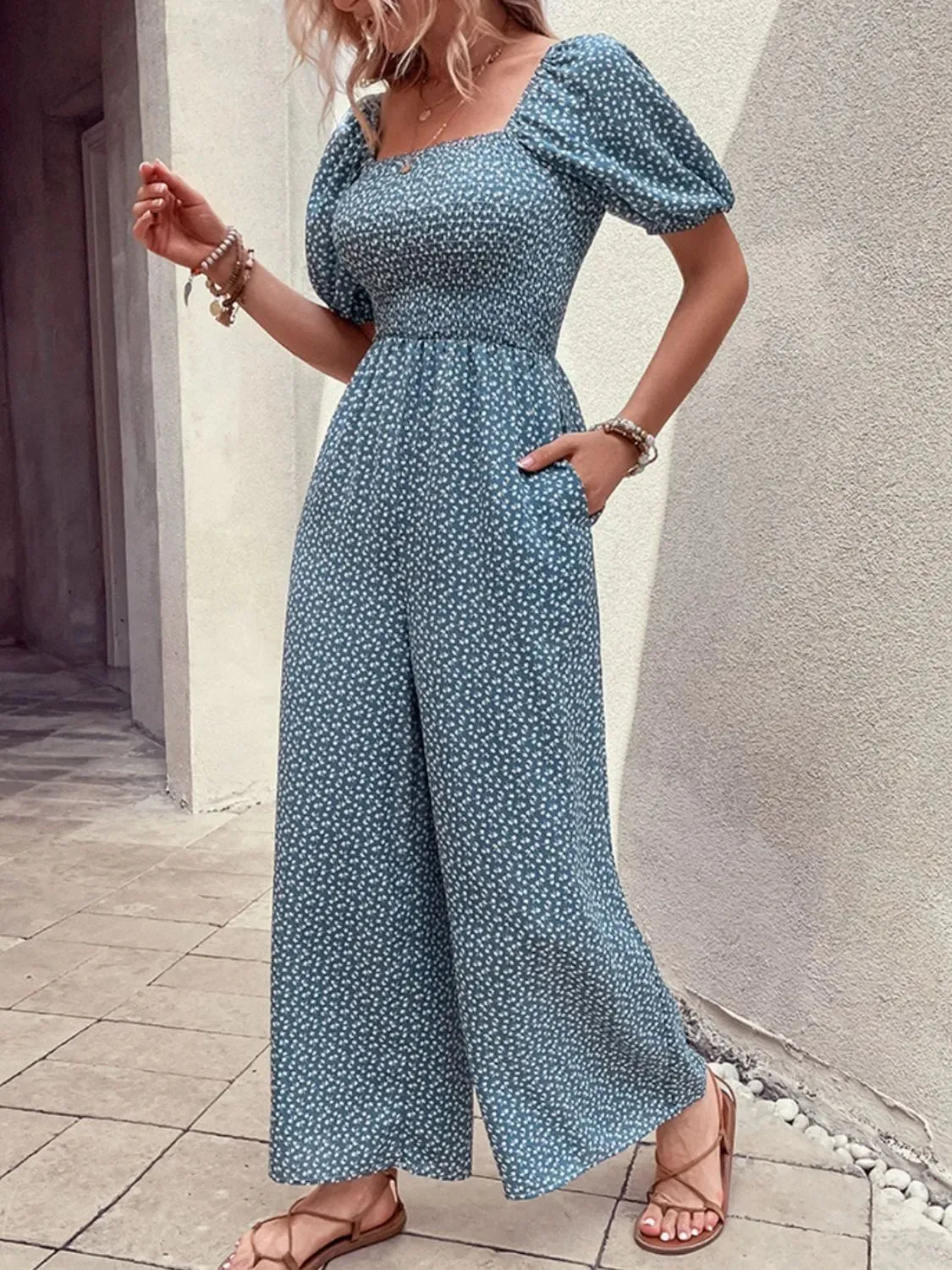 Printed Square Neck Puff Sleeve Jumpsuit sold by Charming Charlie product image thumbnail 2