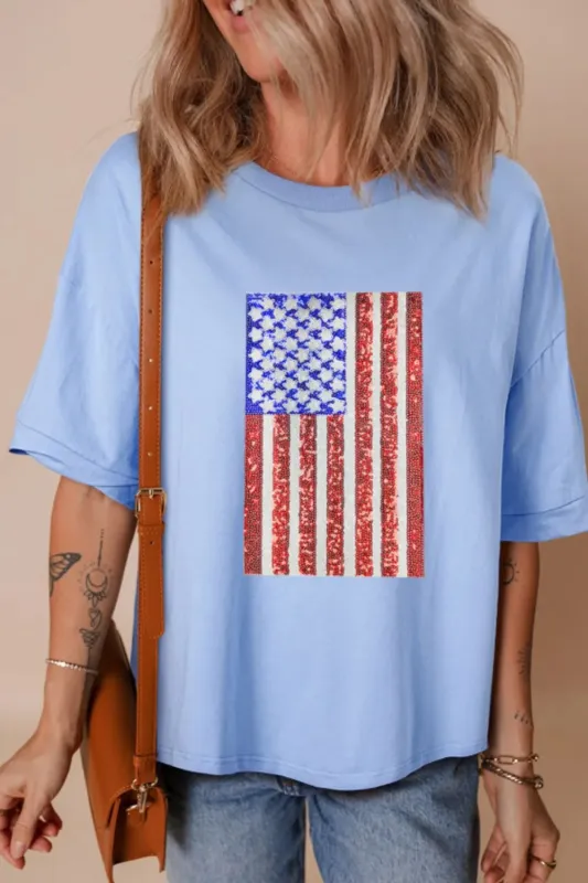 Sequined American Flag Dropped Shoulder T Shirt sold by Charming Charlie