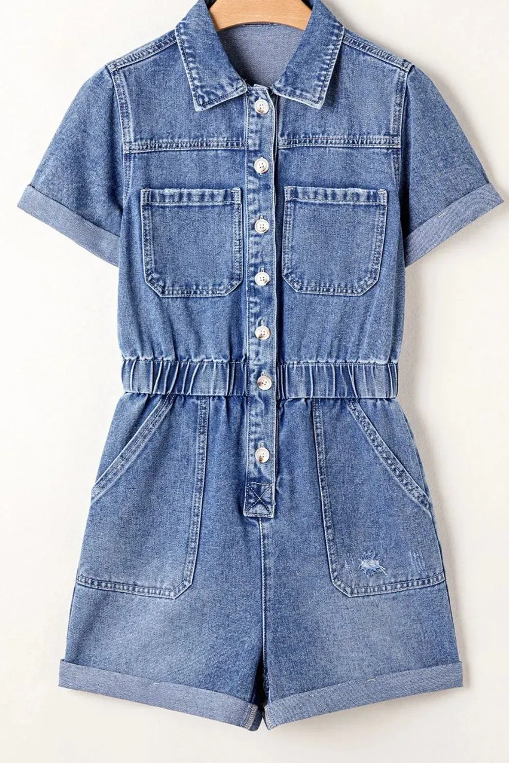 Chest Pocket Front Buttoned Folded Edge Denim Short Sleeve Romper sold by Charming Charlie product image thumbnail 4