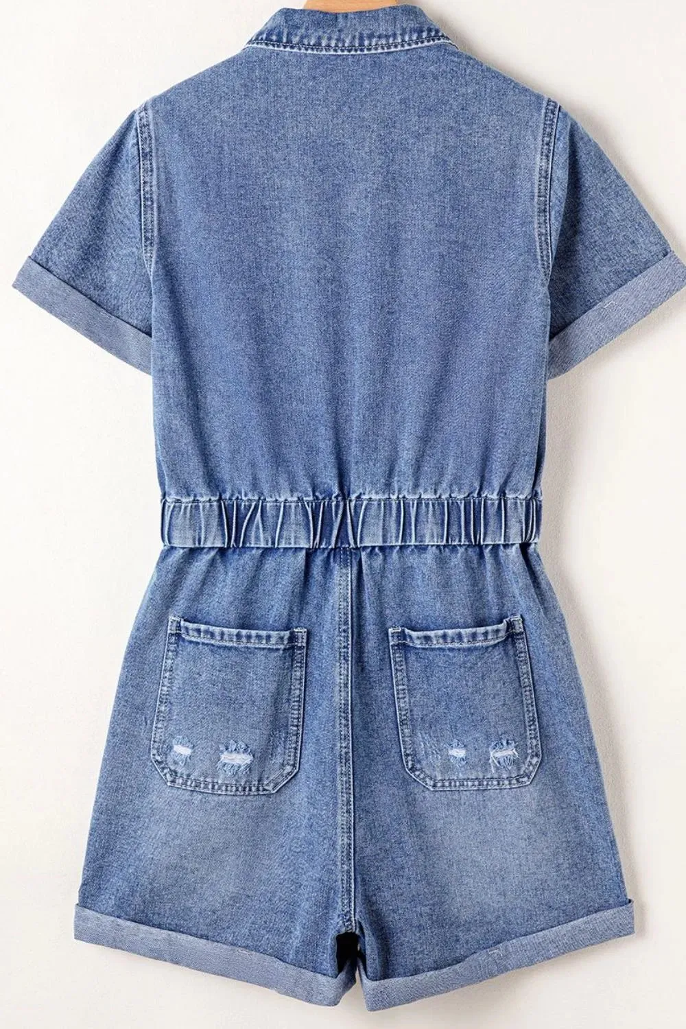 Chest Pocket Front Buttoned Folded Edge Denim Short Sleeve Romper sold by Charming Charlie product image thumbnail 5
