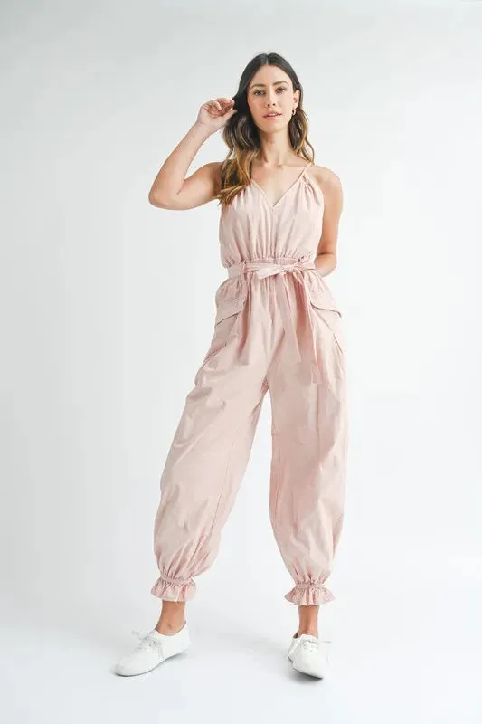 MABLE Washed Fabric Spaghetti Strap Waist Belted Jumpsuit sold by Charming Charlie product image thumbnail 3