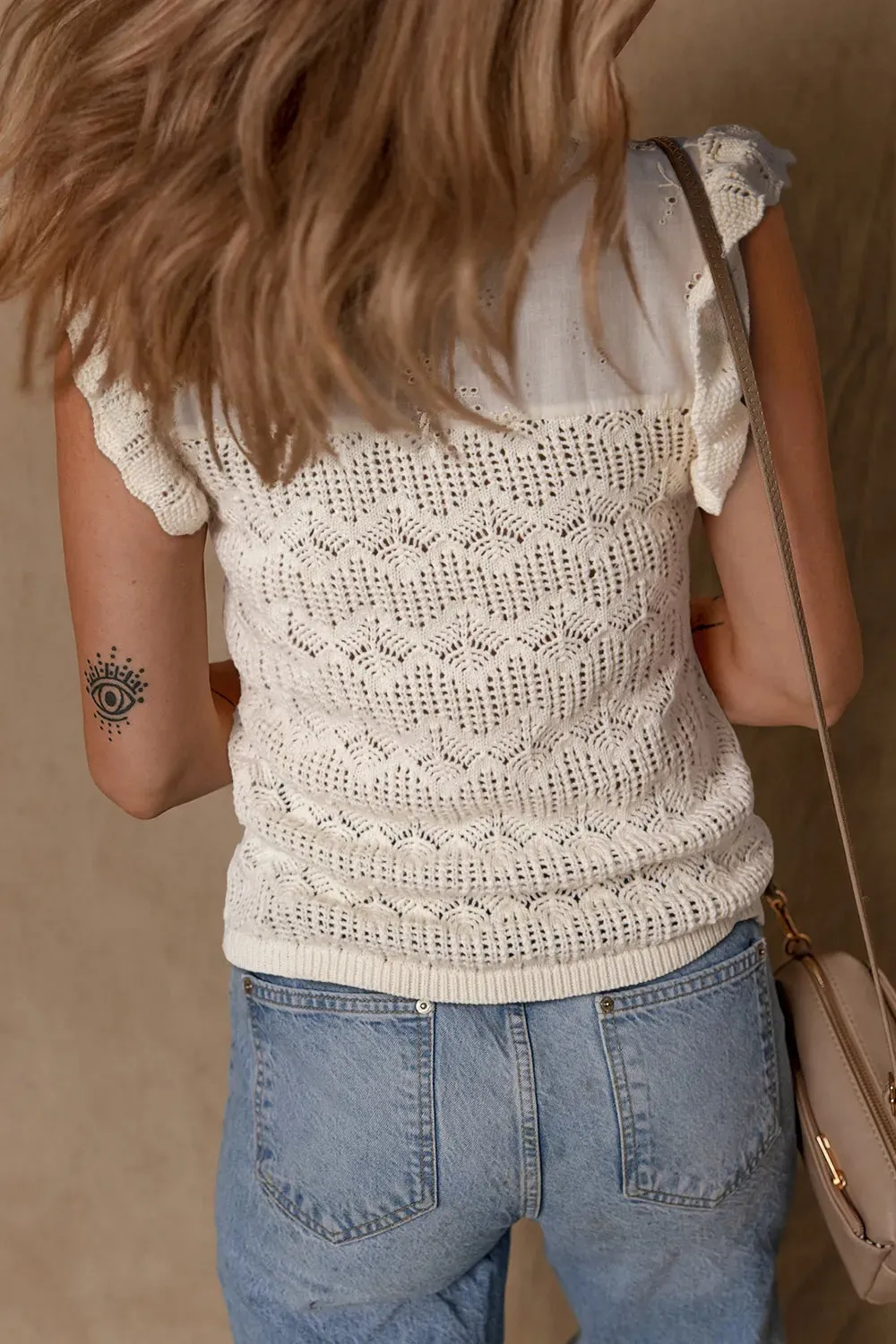 Embroidered Patchwork Hollow Out Knitted Ruffle Sweater Vest sold by Charming Charlie product image thumbnail 2