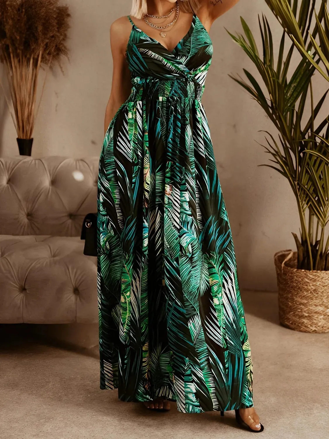 Smocked Printed Surplice Maxi Cami Dress sold by Charming Charlie