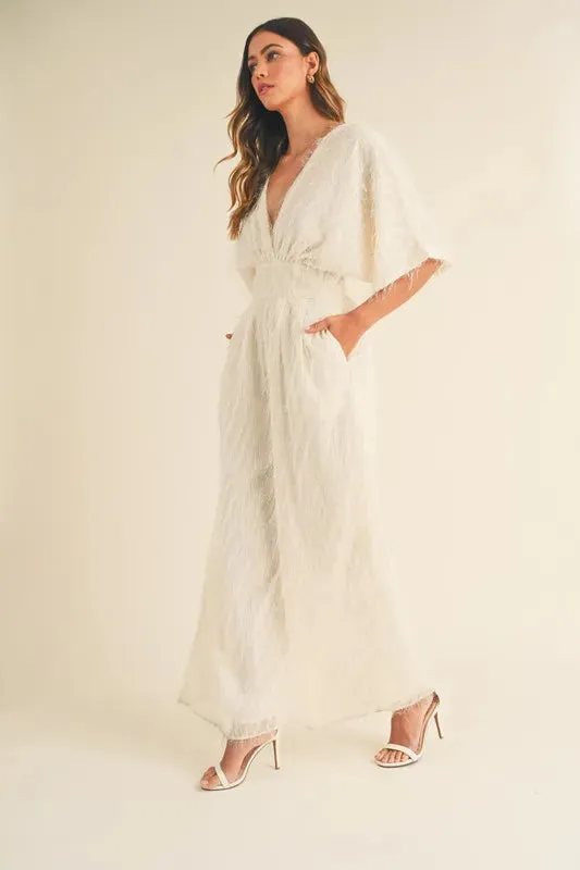 MABLE Fluffy Deep V Neck Wide Leg Jumpsuit sold by Charming Charlie
