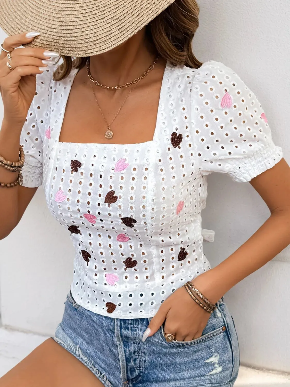 Eyelet Heart Square Neck Short Sleeve Blouse sold by Charming Charlie product image thumbnail 4