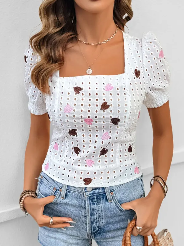 Eyelet Heart Square Neck Short Sleeve Blouse sold by Charming Charlie