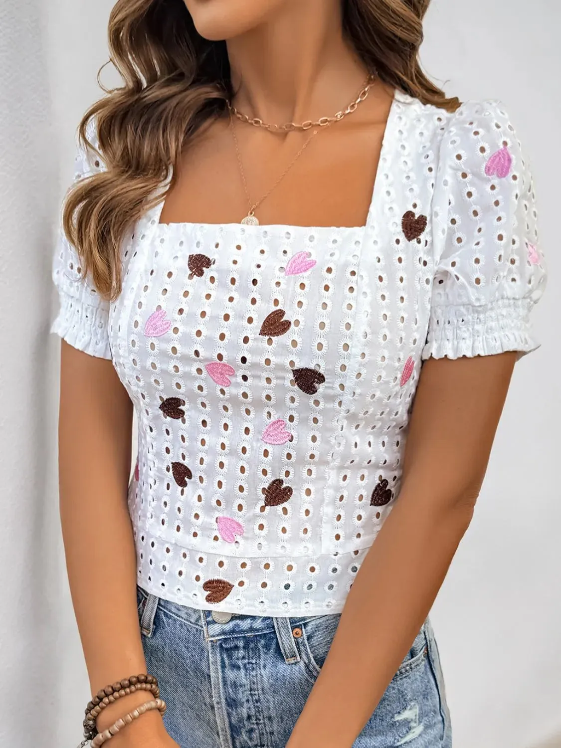 Eyelet Heart Square Neck Short Sleeve Blouse sold by Charming Charlie product image thumbnail 3