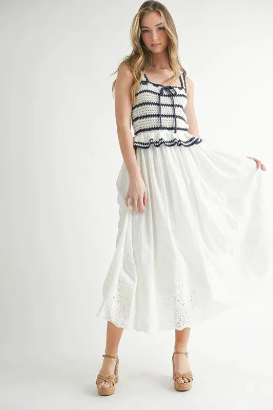 MABLE Crochet Stripe Knit Eyelet Mix Midi Dress sold by Charming Charlie